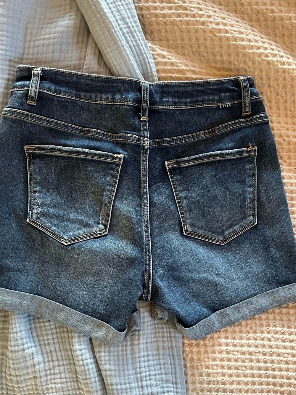 Risen High-Rise Dark Blue Denim Button-Front Women’s Shorts - Picture 2 of 5
